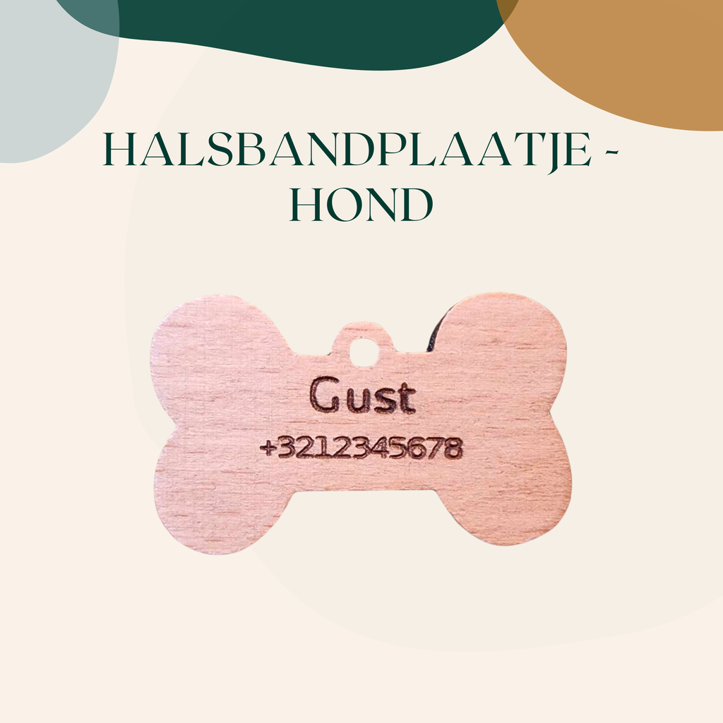 Halsbandplaatje hond - hout, gegraveerd (dog tag)