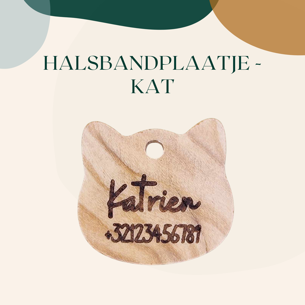 Halsbandplaatje kat - hout, gegraveerd (cat tag)